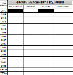 Group 1, Machinery and Equipment, from the listing form: a box with a year column running from the current year down to Prior, and columns for prior year cost, additions, deletions and current year cost
